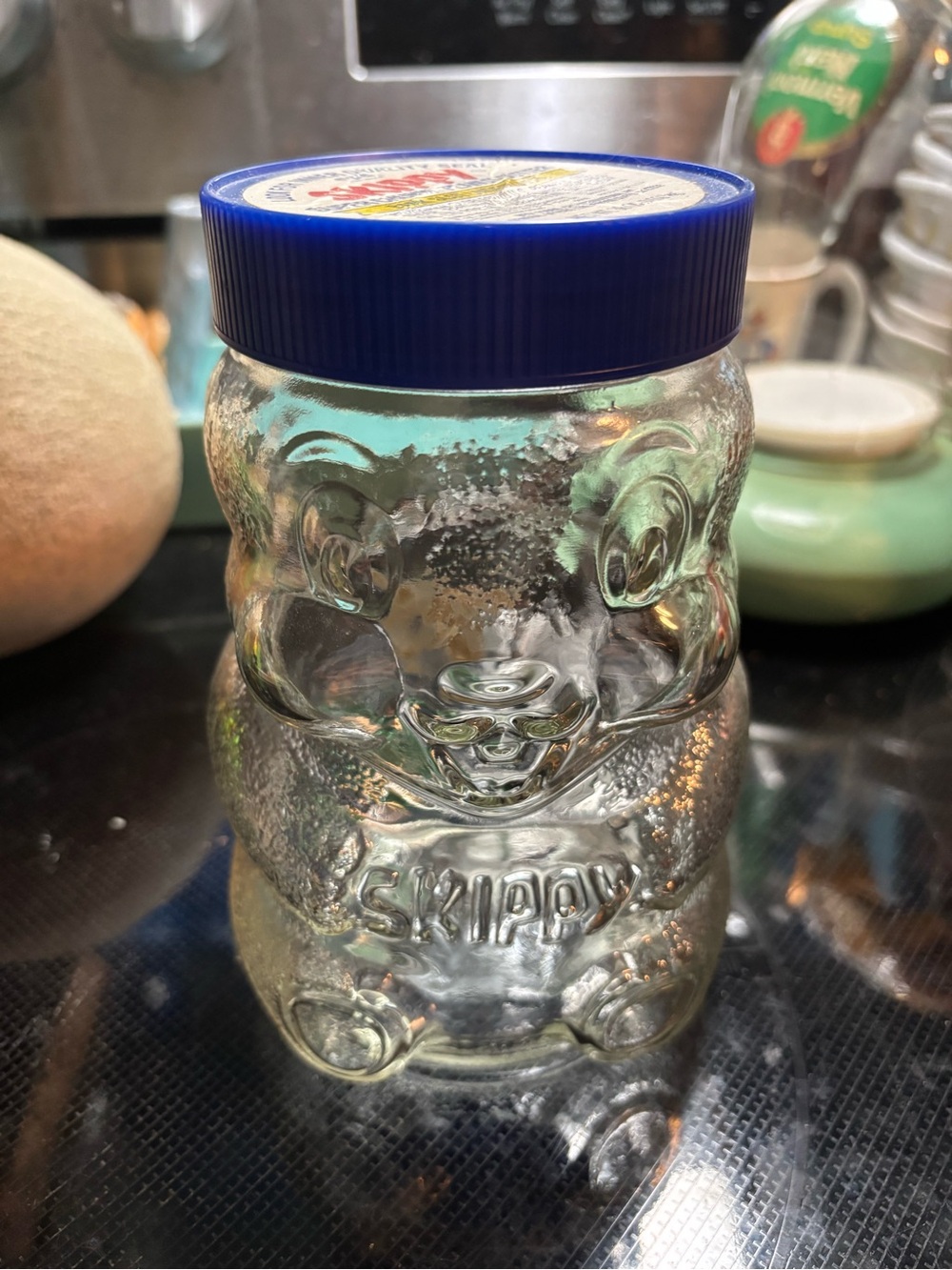 Vintage Skippy Peanut Butter Bear Clear Glass Jar with Blue Lid